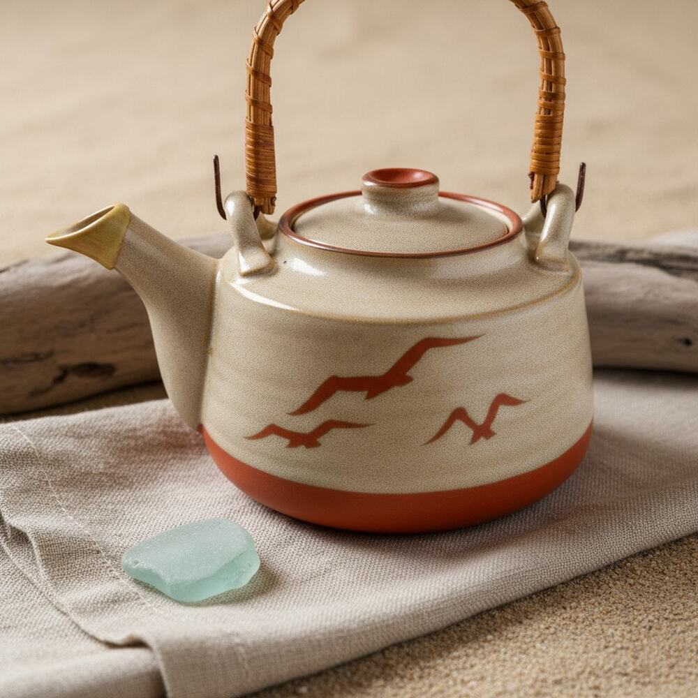 Vintage Otagiri Japan Stoneware Teapot-Seagull-Rattan Handle-MCM-Ceramic-Coastal